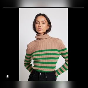 NA-KD Preppy Striped Stretch Turtleneck Sweater Green Brown Womens XXS